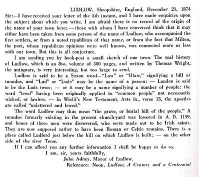 Letter from the mayor of Ludlow, England to the town of Ludlowto th